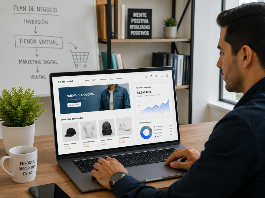 Empresario colombiano analizando el crecimiento de una tienda virtual en un computador portátil