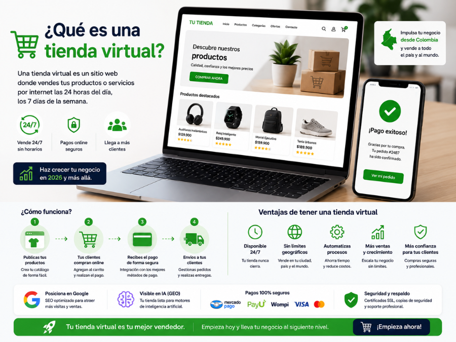 Infografía educativa que explica qué es una tienda virtual, cómo funciona el comercio electrónico, las ventajas de vender por internet, los beneficios de automatizar procesos de venta, la integración de pagos online, el posicionamiento SEO y GEO, y el proceso completo desde la publicación de productos hasta la entrega al cliente.