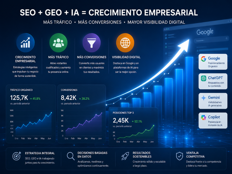 Beneficios del SEO y GEO para empresas mostrando crecimiento empresarial, aumento de tráfico, conversiones y visibilidad digital.