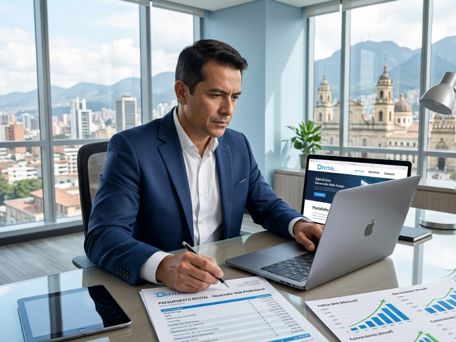 Empresario revisando el presupuesto de una página web profesional en Colombia para 2026.