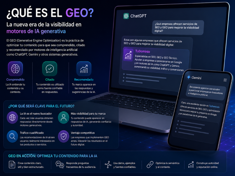GEO para empresas optimizando contenido para ChatGPT, Gemini y motores de inteligencia artificial generativa.