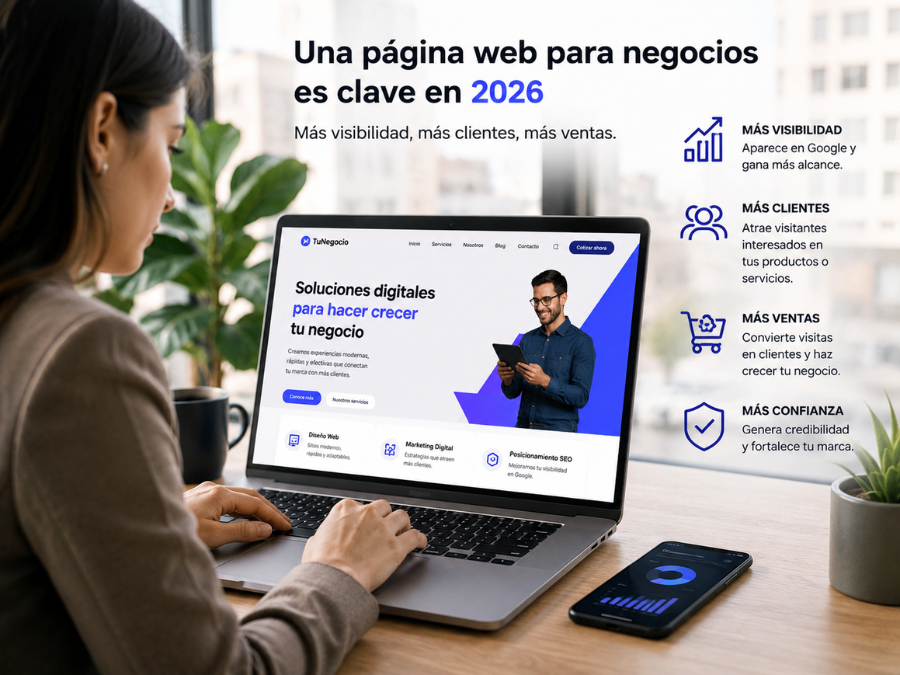 Empresaria trabajando en una página web para negocios optimizada para SEO y GEO en 2026.