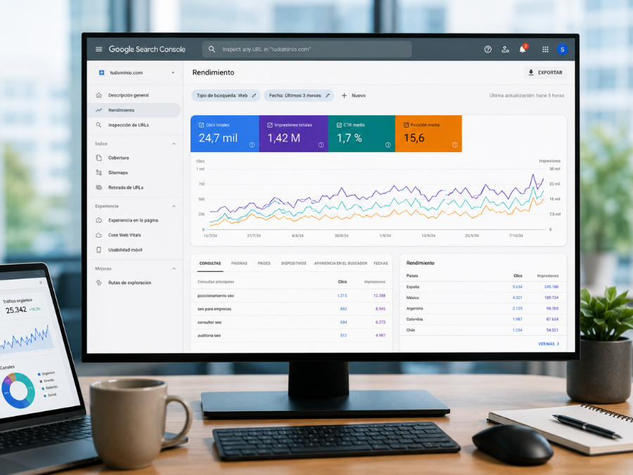 SEO para empresas mostrando dashboard de analítica web, Google Search Console y crecimiento del tráfico orgánico.