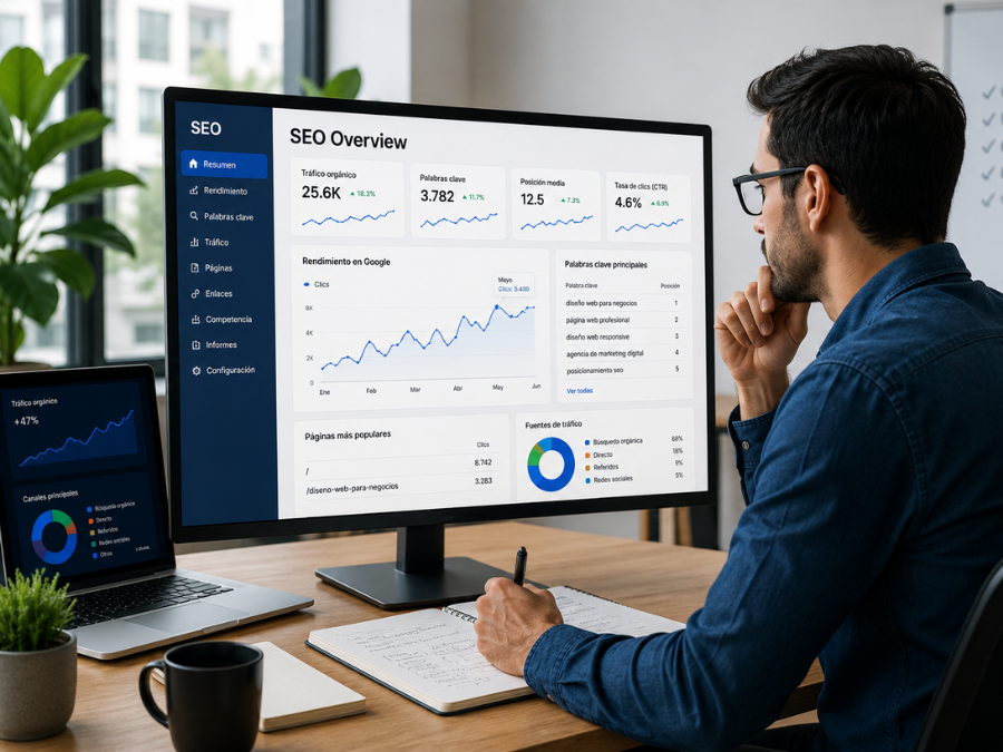 Especialista analizando métricas SEO para mejorar el posicionamiento de una página web para negocios en Google.