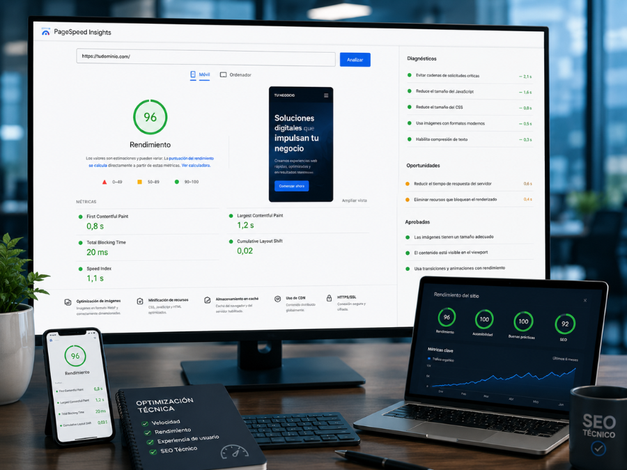 SEO técnico para empresas mostrando PageSpeed Insights, velocidad web, Core Web Vitals y optimización del rendimiento del sitio.