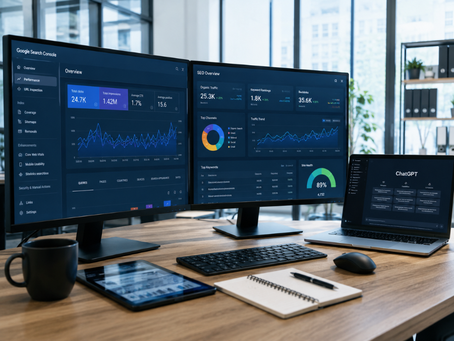 SEO y GEO para empresas optimizando posicionamiento digital en Google e inteligencia artificial mediante análisis SEO y herramientas avanzadas de marketing digital.