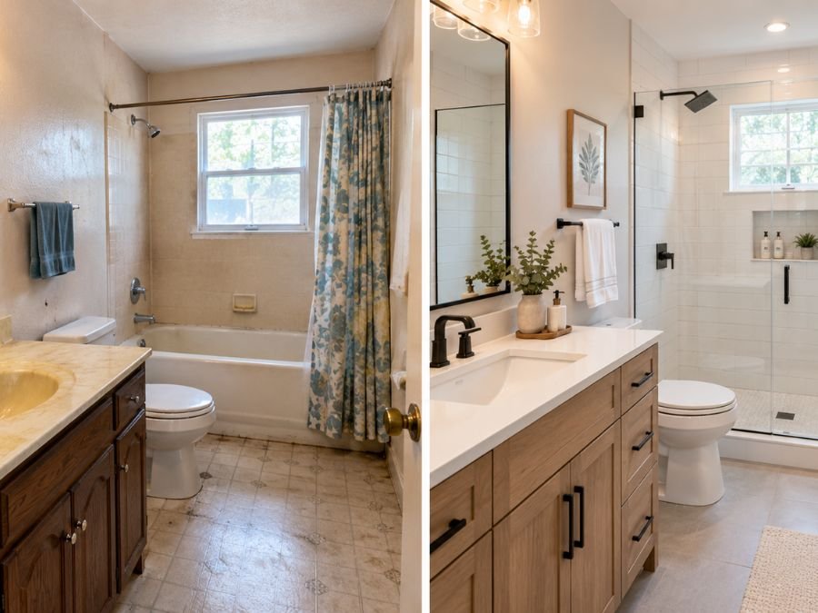 Comparación antes y después de la remodelación de un baño con azulejo blanco y ducha de vidrio