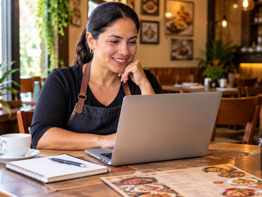 Dueña de un restaurante revisando el sitio web de su negocio en una laptop