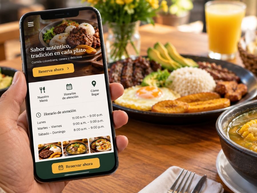 Ejemplo de página web para restaurante con menú, horarios y botón de reserva visibles en el celular