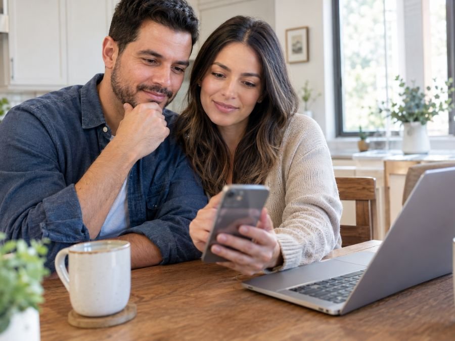 areja de propietarios comparando páginas web de contractors desde un teléfono en la mesa de la cocina