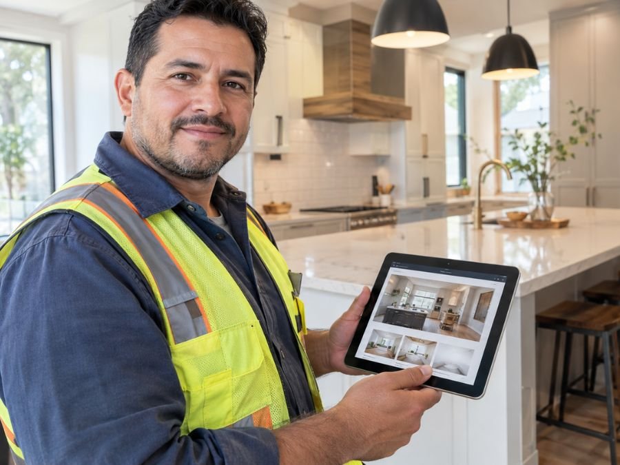 Sitio web para contractors: contratista hispano mostrando su página web en una cocina remodelada